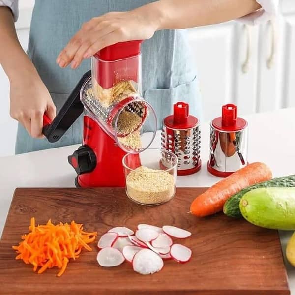 T   3 in 1 Vegetable Cutter, Multifunctional Vegetable Slicer, Drum Slicer for Kitchen, , 3 in 1 Rotary Cheese Grater Slicer and Peeler, Manual Hand Cutter.