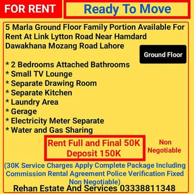 5Marla Ground Floor Family Portion  For Rent at Mozang Road Lahore