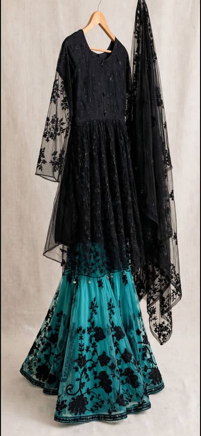 Black net frock with teal sharara 3pc worn once