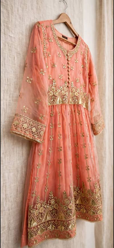 Peach Organza Frock 3pc - Worn Once - Pickup Only