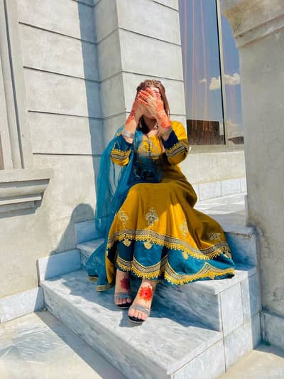 Mustard yellow anarkali frock with teal blue dupata part wear Large