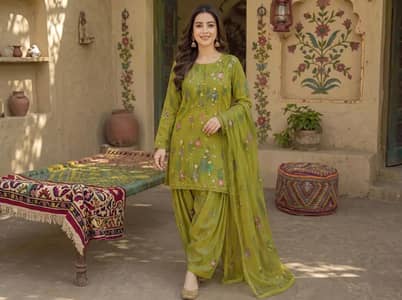 Green Embroidered Dhanak 3 Piece Suit for Women – Winter Collection