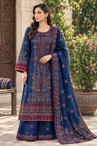  Navy Blue Embroidered Ladies Suit | 3-Piece Winter Collection