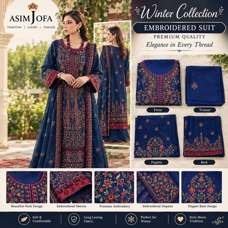 Navy Blue Embroidered Ladies Suit | 3-Piece Winter Collection - Eastern ...