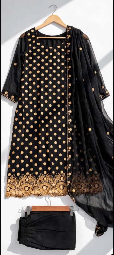 black golden chiffon embroidered 3ps suit medium party were