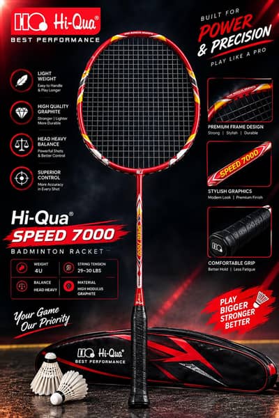 Hi-Qua Premium Badminton Racket | 4U | 29–30 LBS | Head Heavy | Red