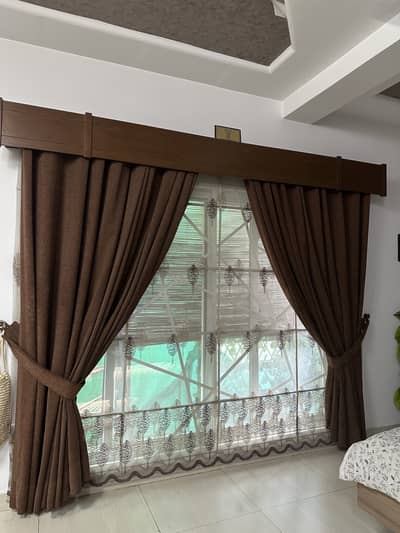 Brown Velvet Curtains with white net blinds