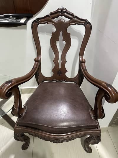 Antique Style Wooden Armchair Set with Leather Seat