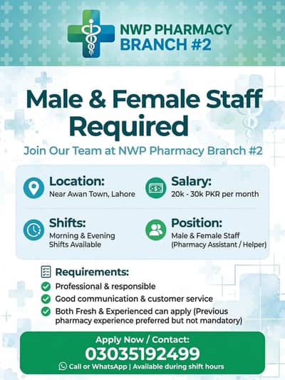 Male &Female Staff Required for NWP Pharmacy  ---