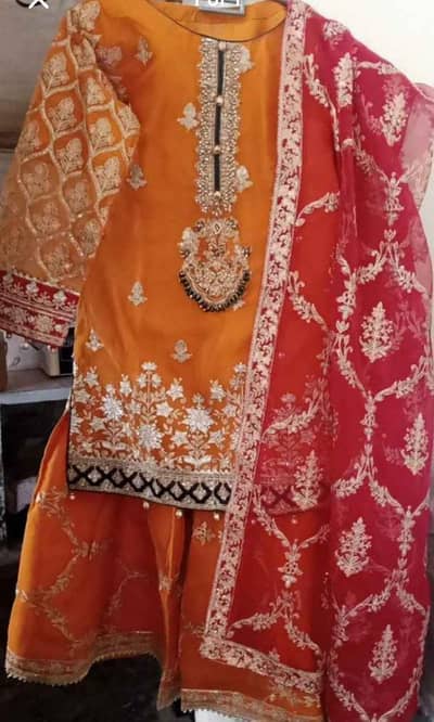 Mehndi Gharara - Orange & Red - 3 Piece - Medium