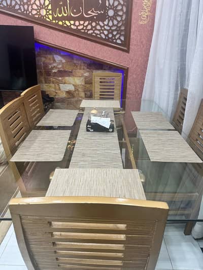 6 Seater Wooden Dining Table Set with Glass Top – Beautiful Design