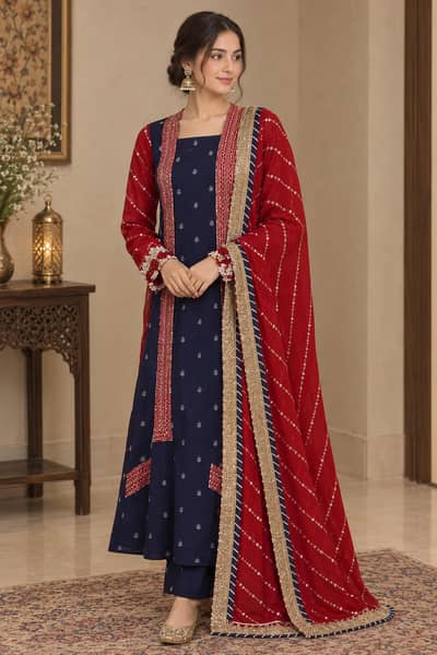 Title: Elegant Navy Blue 3-Piece Embroidered Suit with Dupatta