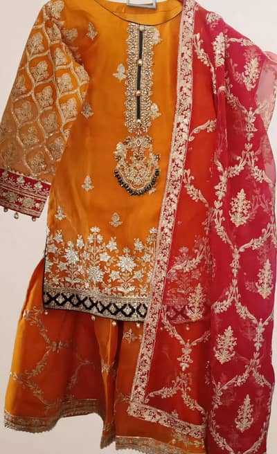 Mehndi Gharara - Orange & Red - 3 Piece - Medium