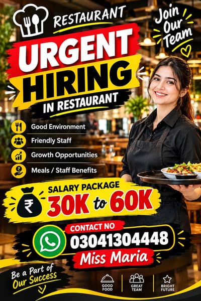 need urgent staff resturent waiter oder taker GRO Cashier superviosr