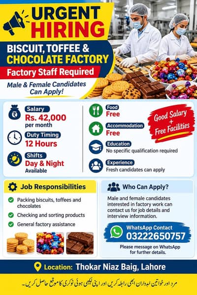 factory jobs Lahore make and female both 42000