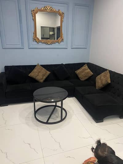 3+3 Black velvet sofa  with round stylish marble center table