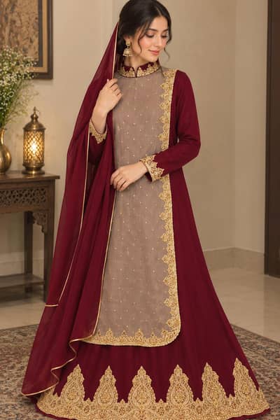 Maroon & Gold Embroidered Party Wear Frock