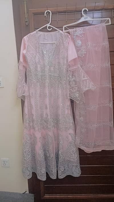 Beautiful Pink Heavy Embroidered Maxi Suit With Trouser & Dupatta
