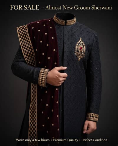 Wedding Premium Black Sherwani with Maroon Velvet Shawl