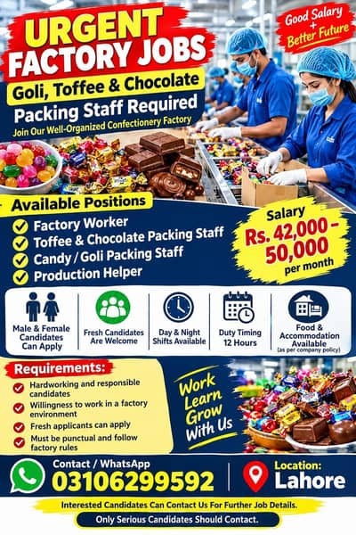 urgent factory jobs Lahore/toffee chocolate & packing staff required