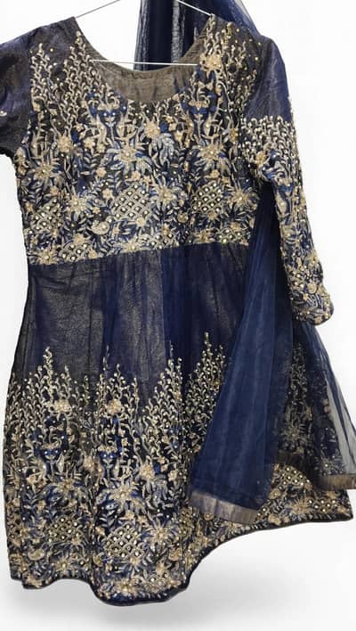 navy blue bridal formal heavy embroidered net shirt with plazo medium_