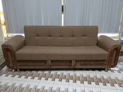 3-Seater Fabric Sofa Cum Bed with Wooden Accents – Office & Living