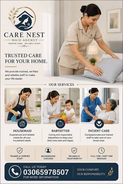 House maids, Maid, Baby Sitter, Chef, Home Cook, Patient Care, Driver