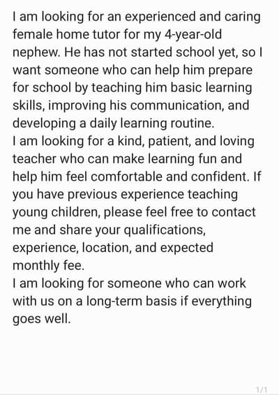 Female Home Tutor Required for a 4-Year-Old Child – Faisalabad