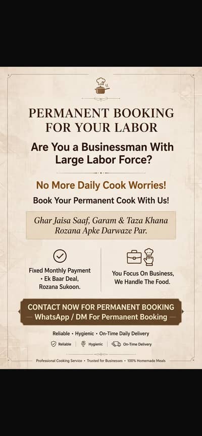 Permanent booking for ur labour food chef