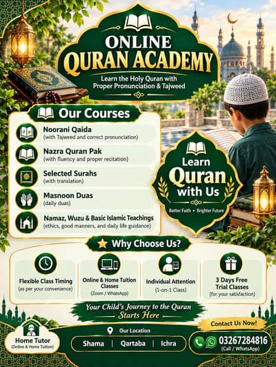 Online/Home Quran Tuition with Tajveed 	•