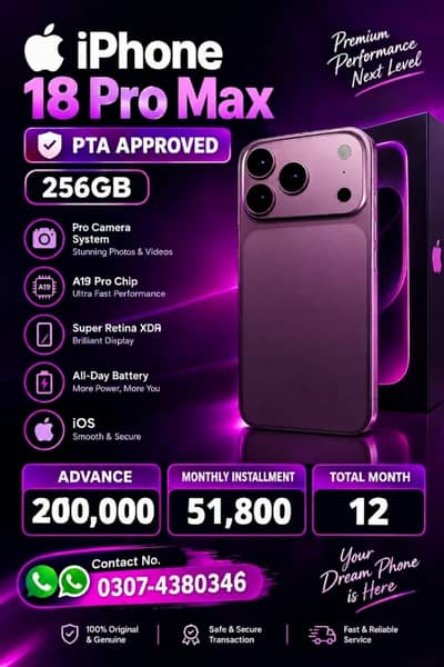 Apple iPhone 18 Pro Max Pta Approved On Easy Monthly Installment