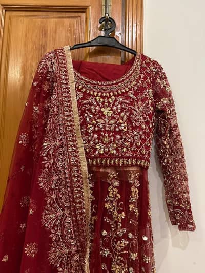 Maroon Bridal Embroidered Formal Dress with Dupatta