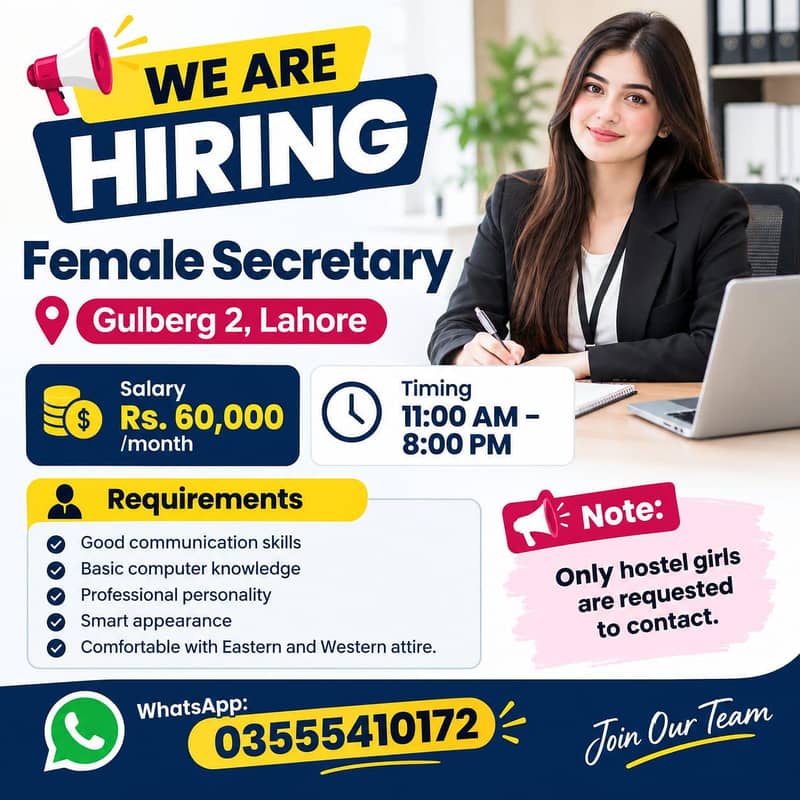 Female Secretary Required – Gulberg 2, Lahore - Customer Service Jobs ...