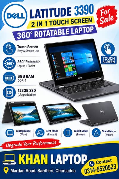 Dell 3390 2 in 1 touch 360 rotatable screen 8GB DDR4 RAM 128GB SSD