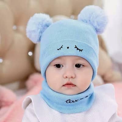 Kids blue wool cap & neck warmer set 1 - 5 years
