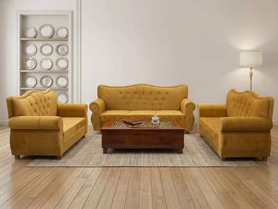 Luxury Yellow Velvet Sofa Set with Center Table