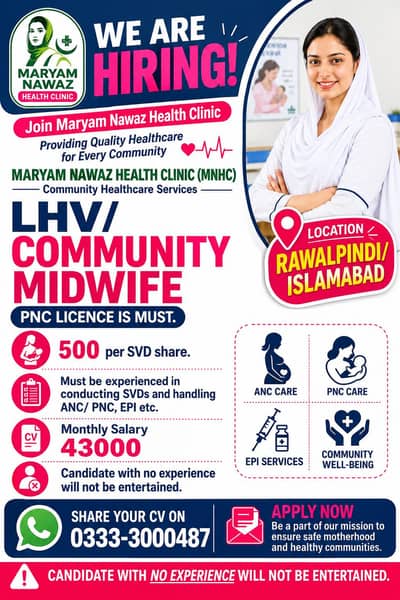 PNC Registered LHV / Midwife Required - 3 x Vacancies