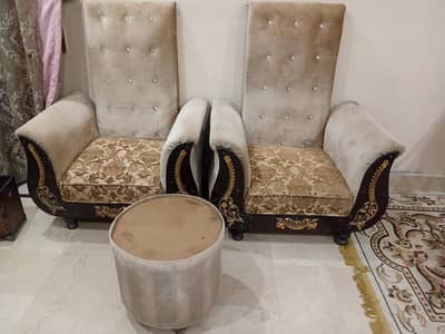Elegant Wooden Drawing Room Chairs – Pair with Matching Stool