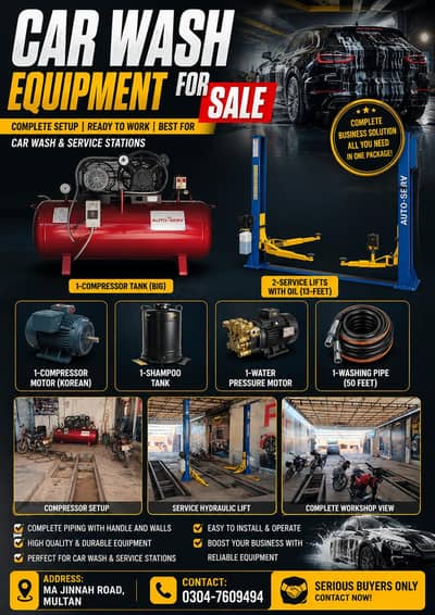 Running Car Wash Equipment for sale in Multan.  Contact: 0304-7609494