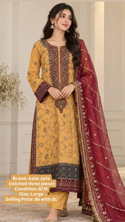 Asim Jofa 3-Piece Yellow Formal Suit with Maroon Dupatta