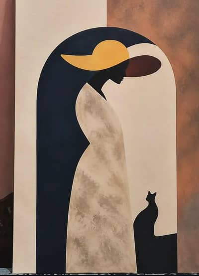 Handmade Minimalist Wall Art | Woman & Cat Acrylic Painting