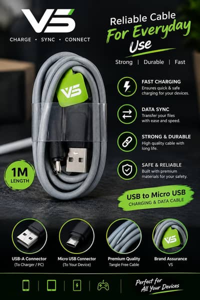 VS USB to Micro USB Charging & Data Cable – 1 Meter, Fast Charging