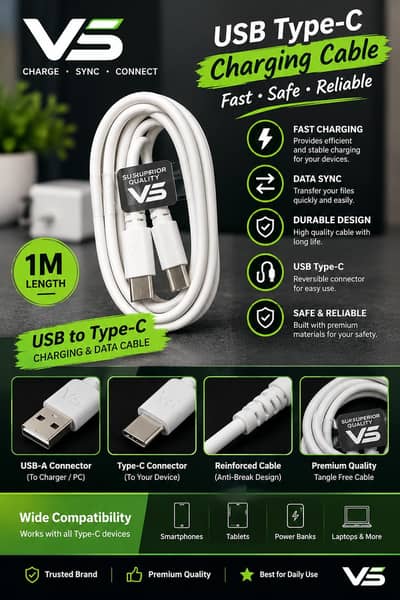 VS USB Type-C Charging & Data Cable – 1 Meter, Fast Charging