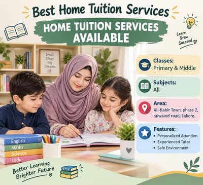Female home tutor available for primary and middle classes .