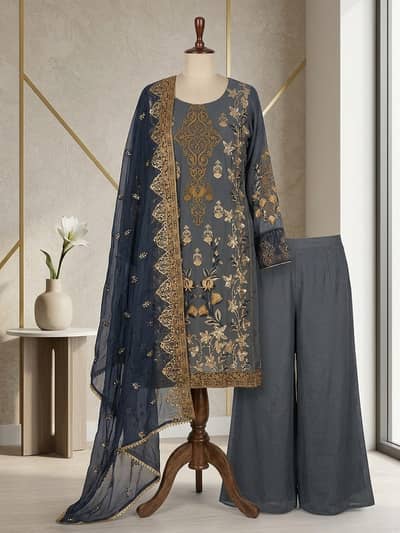 Charcoal Grey Embroidered 3-Piece Formal Suit