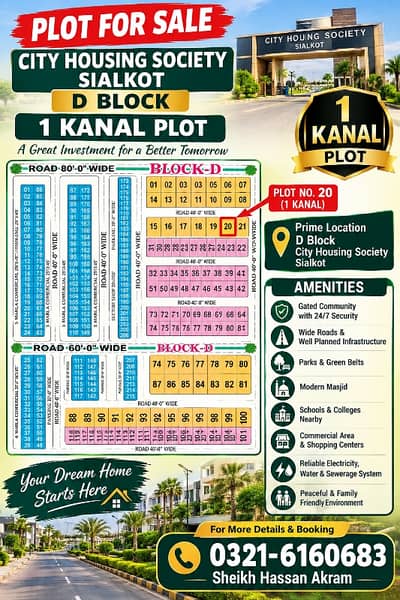 1 KANAL PLOT AVAILABLE FOR SALE IN CITY HOUSING SOCIETY.