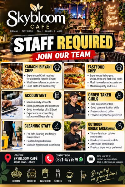 Resturaunt staff Required