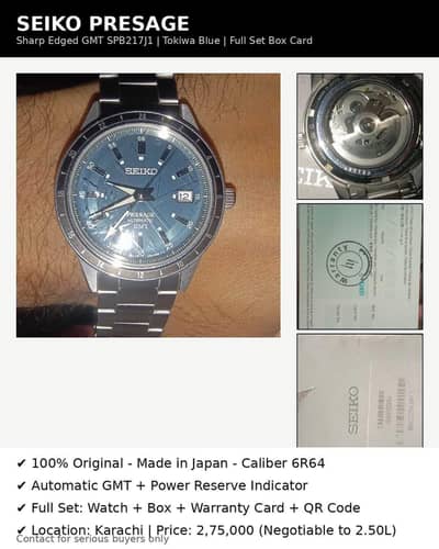 Seiko Presage GMT Automatic SPB217 Full Set Original - Like New