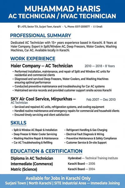 AC Technician / HVAC Technician - 15 Years Exp - Surjani Town