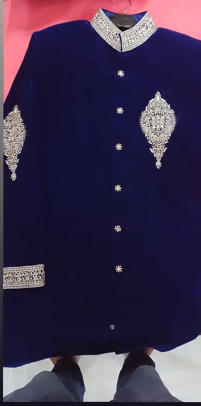 blue sherwani with silver work